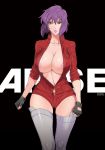 1girl areola areola_slip areolae blush breasts cleavage coat curvy fei_(maidoll) fingerless_gloves ghost_in_the_shell ghost_in_the_shell_arise gloves grey_legwear high_res highres huge_breasts kusanagi_motoko lips motoko_kusanagi navel open_clothes open_coat purple_hair red_eyes short_hair sleeves_pushed_up solo stockings sweat thighhighs unzipped vibrator vibrator_in_thighhighs wide_hips