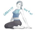 1girl barefoot breasts capri_pants clothes_writing english exercise feet female grey_hair keving0d kneeling long_hair looking_at_viewer midriff navel pants ponytail seiza sitting smile soles solo super_smash_bros. sweat tank_top toes trainer_(wii_fit) white_skin wii_fit wii_fit_trainer