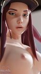 1girl 3d akali alternative_costume areola artist_name big_breasts blender_(software) blue_eyes breasts cap close-up focus_on_human high_resolution k/da_akali k/da_series league_of_legends light_skin looking_at_viewer makeup nekoanimo nude open_mouth pink_lips purple_hair