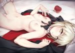 apple artoria_pendragon_(alter) blonde bow breasts censored fate/grand_order fate_(series) food fruit garter headdress nak_(nakatokung) navel nipples nude potential_duplicate pussy saber short_hair uncensored upscaled waifu2x yellow_eyes