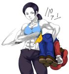 1boy 1girl abs ass bare_shoulders black_hair brown_hair capri_pants crossover eri_muuton female femdom grey_eyes hat height_difference long_hair mario mario_(series) midriff motion_blur muscle nintendo overalls pale_skin pants ponytail spandex spanked spanking sports_bra super_mario_bros. super_smash_bros. toned trainer_(wii_fit) white_skin wii_fit wii_fit_trainer