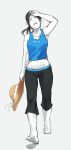 1girl barefoot breasts capri_pants closed_eyes female hair hat headgear holding holding_hat hot long_hair midriff nah pants ponytail solo spandex sun_hat sweat tank_top trainer_(wii_fit) walking white_skin wii_fit wii_fit_trainer wiping_forehead