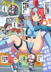 2girls bandage baseball_cap bee-j1 blue_boots blue_eyes boots brown_hair closed_eyes comic crutch denim denim_shorts erect_nipples female fuuro_(pokemon) gameplay_mechanics gym_leader hair hat headgear highres holding holding_poke_ball makoto_daikichi male midriff multiple_girls navel no_panties open_fly poke_ball pokemon pokemon_(game) pokemon_black_and_white pokemon_bw ponytail pubic_hair red_hair redhead sex shorts text touko_(pokemon) translation_request unzipped white_(pokemon)