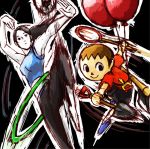  1boy 1girl attack balloon barefoot black_hair bug_net butterfly_net doubutsu_no_mori dual_wielding female fighting_stance hand_net hoop hula_hoop long_hair motion_blur nintendo ponytail shovel smile spandex standing_on_one_leg super_smash_bros. tank_top tatsunoko_(kuronofu) trainer_(wii_fit) villager_(doubutsu_no_mori) white_skin wii_fit wii_fit_trainer worktool 