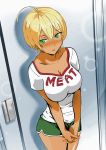 1girl blonde_hair blush bowsey breasts clothed dark-skinned_female dark_skin english_text green_eyes high_res high_resolution hisashi_(nekoman) hisasi looking_at_viewer mito_ikumi shokugeki_no_souma text third-party_edit