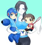  1girl 2boys animal_crossing arm_cannon ban_(3551702) black_hair blue_eyes blush brown_hair capcom carrying clothes_writing cute doubutsu_no_mori female gradient_background grey_eyes hair hand_net headgear helmet long_hair looking_at_viewer male megaman midriff multiple_boys navel net ponytail rockman rockman_(character) rockman_(classic) size_difference smile super_smash_bros. tank_top trainer_(wii_fit) villager_(doubutsu_no_mori) weapon white_skin wii_fit wii_fit_trainer young 