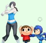 1girl 2boys aqua_background capcom crossover doubutsu_no_mori exercise female mafen midriff multiple_boys navel nintendo rockman rockman_(character) simple_background smile super_smash_bros. trainer_(wii_fit) villager_(doubutsu_no_mori) white_skin wii_fit wii_fit_trainer yoga