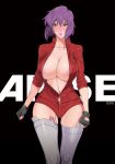 1girl areola areolae blush breasts cleavage coat curvy fei_(maidoll) fingerless_gloves ghost_in_the_shell ghost_in_the_shell_arise gloves grey_legwear high_res highres huge_breasts kusanagi_motoko lips motoko_kusanagi navel open_clothes open_coat purple_hair red_eyes short_hair sleeves_pushed_up solo stockings sweat thighhighs unzipped vibrator vibrator_in_thighhighs wide_hips