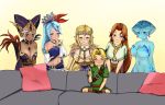  1boy 5girls age_difference blonde_hair blue_eyes blue_skin bowsey breasts brown_hair cia_(the_legend_of_zelda) closed_eyes clothed cyan_eyes dark-skinned_female dark_skin high_res high_resolution hylian hyrule_warriors jewelry lana_(the_legend_of_zelda) link looking_at_another male malon meme multiple_girls navel open_mouth piper_perri_surrounded pointy_ears princess_ruto princess_zelda purple_eyes simple_background sky_(freedom) the_legend_of_zelda third-party_edit white_hair yellow_background young_link zelda_(hyrule_warriors) zelda_musou zora 