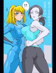 2girls ass black_hair blonde_hair blue_eyes blush bodysuit breast_press breasts capri_pants clothed_navel covered_navel crossover female grey_eyes grey_hair hands_on_hips large_breasts long_hair metroid midriff multiple_girls nintendo pale_skin pants ponytail samus_aran skin_tight spandex super_smash_bros. symmetrical_docking tank_top trainer_(wii_fit) translated white_skin wii_fit wii_fit_trainer yoshitsuki zero_suit