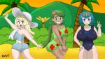 3_girls big_breasts bikini blonde_hair blue_eyes blue_hair coconut cyan_eyes flower_bikini green_eyes green_hair grin happy_birthday headwear huge_breasts karate_kid_5 lana_(pokemon) large_ass lillie_(pokemon) mallow_(pokemon) nintendo one-piece_swimsuit palm_tree pokemon pokemon_sm staryu sun_hat sunset swimsuit swimwear v yellow_hair