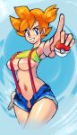  1girl areola_slip areolae bellend blue_eyes breasts gonzozeppeli gym_leader holding holding_poke_ball kasumi_(pokemon) large_breasts misty navel nintendo nipple_slip nipples no_panties open_fly orange_hair pointing pointing_forward poke_ball pokemon pokemon_(anime) pokemon_(game) pussy red_hair short_hair shorts side_ponytail solo suspenders uncensored underboob unzipped 