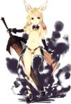 animal_ears armor bare_legs bare_shoulders bikini_armor black_legwear blonde_hair bow braid elin_(tera) female fingerless_gloves flat_chested gloves hair hair_bow navel red_eyes skimpy solo subachi sword tera_online stockings twin_braids weapon young