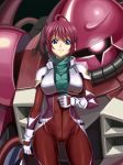  1girl blue_eyes bodysuit breasts gloves gundam gundam_seed gundam_seed_destiny headwear_removed helmet helmet_removed highres looking_at_viewer lunamaria_hawke mecha pilot_suit pink_hair short_hair shunzou solo zaku_warrior_lunamaria_custom 