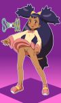  1girl black_hair blush brown_eyes dark_skin dress iris_(pokemon) long_hair majin_(artist) panties pokemon pokemon_(game) pokemon_bw purple_hair pussy shoes smile tongue 