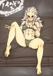  1girl abs barefoot bikini blush breasts cameltoe cleavage couch dorohedoro green_bikini hide_(lindalindalinda) long_hair muscle navel noi noi_(dorohedoro) red_eyes sitting smile solo spread_legs swimsuit v white_hair 