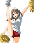 1girl braid brown_hair buruma hairband high_kick kicking kneepits leg_lift legs maid_headdress mayoi_neko_overrun! nekomamire outstretched_arms outstretched_leg pom_poms purple_eyes raised_leg school_uniform solo spread_arms suzuki_(mayoi_neko_overrun!) twin_braids white_background