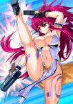  1girl breasts dual_wield dual_wielding fingerless_gloves fura_(artist) gloves green_eyes gun hair high_heels high_kick himeki_luna huge_breasts kicking leg_lift leg_up legs long_hair long_legs magenta_hair navel pelvic_curtain pink_hair red_hair redhead shoes solo tattoo thighs vanguard_princess weapon 