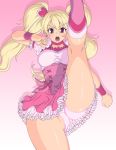  1girl blonde_hair choker cure_peach dress fresh_precure! gradient_background high_kick kicking kihaiu momozono_love open_mouth panties pantyshot petticoat pink_background pink_eyes precure simple_background skirt solo thick_thighs thighs twin_tails twintails underwear upskirt wrist_cuffs 