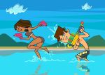 black_eyes breasts brown_hair brown_skin cartoon_network cody_(tdi) courtney_(tdi) dark-skinned_female female freckles hourglass_figure latina male short_hair teeth thick_ass thick_legs thick_thighs toes total_drama_island water_gun