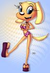 anthro bikini blonde_hair blue_eyes brandy_and_mr._whiskers brandy_harrington breasts cleavage collar disney dog dog_collar furry innocenttazlet polka_dot_bikini shiny shiny_skin short_hair smile