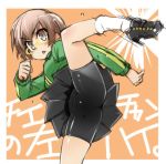 1girl atlus bad_id bike_shorts brown_eyes brown_hair cameltoe chie_satonaka footwear glasses haga_yui high_kick kick kicking lowres persona persona_4 satonaka_chie short_hair skirt socks solo spandex upskirt yellow-framed_glasses