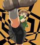 atlus bike_shorts brown_eyes brown_hair chie_satonaka glasses high_kick kick kicking persona persona_4 satonaka_chie short_hair shunzou skirt upskirt yellow-framed_glasses