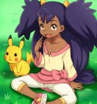  1girl :&lt; big_hair black_hair blush brown_eyes cameltoe dark_skin e10 flat_chest gym_leader iris_(pokemon) leggings long_hair nintendo pikachu pokemon pokemon_(anime) pokemon_(game) pokemon_best_wishes pokemon_black_and_white pokemon_bw purple_hair small_breasts twin_tails twintails two_side_up white_legwear 