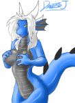 anthro breasts cover_up dragon dragoness female horns long_hair nude reptile shiny shiny_skin smile solo white_hair yellow_eyes