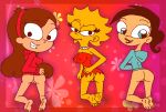  ass black_eyes black_hair blonde_hair bottomless breasts brown_hair crossover dani_phantom danny_phantom disney erect_nipples gravity_falls hairband hairless_pussy jewelry lipstick lisa_simpson long_hair looking_back mabel_pines necklace nipples ponytail pussy rayryan_(artist) red_lipstick short_hair smile swater the_simpsons yellow_skin 