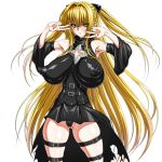 blonde_hair blush breasts cosplay double_v erect_nipples glasses green_eyes huge_breasts inagaki konjiki_no_yami konjiki_no_yami_(cosplay) leg_strap leg_straps long_hair panties sweat tearju_lunatique to_love-ru underwear v