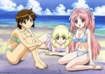  3_girls 3girls :d aqua_bikini bangs barefoot beach bikini blonde_hair blue_bikini blue_eyes blush breast_press breasts brown_eyes brown_hair cleavage cloud clouds crossed_arms facial_mark feet floral_print forehead_mark fukuyama_lisa girls_bravo hair_between_eyes hair_intakes hair_ribbon halterneck hands_on_feet knees_on_chest knees_to_chest kojima_kirie large_breasts leaning_forward leg_hug legs long_hair looking_at_viewer lying miharu_sena_kanaka multiple_girls navel ocean official_art on_floor on_stomach open_mouth orange_eyes outdoors parted_bangs payot pink_eyes pink_hair print_bikini profile purple_bikini ribbon sarong scan seashell shell short_hair side-tie_bikini sidelocks sitting sky smile sparkle sugimoto_sachiko swimsuit taut_bikini tomoka_lana_jude twintails two_side_up very_long_hair wariza water 