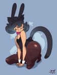 1boy artist_signature bb_happyhour black_hair bowtie bunny_ears bunny_tail bunnysuit cat_tail fat_ass femboy fishnet_stockings fishnets leotard male memo_(megamor) playboy_bunny simple_background stockings yellow_eyes