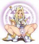  1girl arm_support bad_id blonde_hair boots censored grey_eyes hat horny legs long_hair magic_circle mint_adenade naughty_face no_panties novelty_censor pussy sasagawa_satarou solo spread_legs squatting staff tales tales_of_(series) tales_of_phantasia 