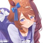 1girl animal_ears big_breasts blue_eyes blush bow bowtie braid breasts brown_hair cleavage closed_mouth commentary_request ear_bow hair_between_eyes high_res horse_ears horse_girl horse_tail long_hair looking_at_viewer multicolored_hair narumi_yuzurai purple_shirt purple_skirt sailor_collar sailor_shirt school_uniform serafuku shirt skirt smile streaked_hair super_creek_(umamusume) tail tracen_school_uniform umamusume umamusume_pretty_derby very_long_hair white_bow white_bowtie white_hair