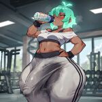 ai_generated bare_thighs big_breasts big_penis bulge bulge_through_clothing dark-skinned_female dark_skin delo_(mochipawg) drinking_water erection futa_only futanari green_hair gym gym_clothes huge_cock huge_thighs mochipawg multicolored_hair oiled_body oiled_skin penis pink_eyes short_hair squatting sweat sweatdrop thick_body thick_female thick_thighs thighs voluptuous voluptuous_female water_bottle yoga_pants