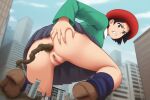 1girl 2025 adeleine_(kirby) aged_up angry_expression angry_face ass_focus bottomless cartoon cartoony city cityscape cute female female_focus female_only giantess grabbing_ass grabbing_own_ass hand_on_ass kirby_(series) kirby_64 looking_back parody poop pooping scat vagina