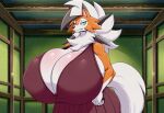 1girl 1girl ai_generated dress dusk_lycanroc hyper_breasts lycanroc
