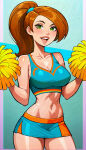  1girl alternate_hairstyle aqua_background bangs bare_arms bare_legs bare_shoulders blue_skirt blue_tank_top blush breasts brown_hair cheerleader cheerleader_outfit cheerleader_uniform cleavage collarbone disney female_only female_solo green_eyes hands_up happy heroine high_ponytail holding holding_pom_poms kim_possible kimberly_ann_possible legs light-skinned_female light_skin lips lipstick long_hair looking_at_viewer makeup medium_breasts midriff miniskirt navel neck open_mouth pencil_skirt pink_lipstick pom_poms round_teeth skirt sleeveless smile standing straight_hair swept_bangs tank_top teen teenage_girl teeth thick_lips thighs tied_hair uniform upper_teeth upper_teeth_only xalphafox xalphafox_(artist) 