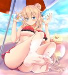 1girl akai_haato alternate_costume ass bangs barefoot beach beach_umbrella big_breasts bikini blonde blue_eyes blue_sky blush breasts closed_mouth cloud cloudy_sky day eyebrows_visible_through_hair feet hair_bun high_resolution hololive long_hair nail_polish ocean official_alternate_costume outside pig pov_feet red_bikini red_bikini_top red_nails rorimiko-yahoo sand sky smile soles swimsuit tied_hair toenail_polish umbrella underboob virtual_youtuber water