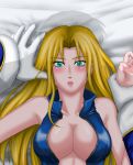 bed blonde_hair blue_eyes breasts cleavage high_res hyoukai metroid samus_aran