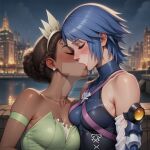  2_girls aqua_(kingdom_hearts) arm_at_side arm_strap bare_shoulders blue_hair blush bopitphy braid breast_press breasts brown_hair cleavage closed_eyes collarbone couple crossover dark-skinned_female dark_brown_hair dark_skin disney disney_princess dress duo earrings eyebrows_visible_through_hair female/female female_only green_arm_strap green_dress hair_bun hair_ornament head_down interracial interracial_couple interracial_yuri jewelry kingdom_hearts kissing light-skinned_female light_skin lips lipstick love makeup medium_breasts multiple_girls mutual_yuri neck night night_sky outside pink_lipstick princess princess_tiana romantic romantic_couple short_hair sky sleeveless sleeveless_turtleneck square_enix strapless strapless_dress the_princess_and_the_frog tied_hair turtleneck upper_body water yuri 