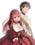 1boy 1girl belt big_breasts black_hair breasts cleavage dress dress_lift fur_trim high_res maou_(maoyuu) maoyuu_maou_yuusha moroheso red_eyes red_hair short_hair simple_background white_background yuusha_(maoyuu)