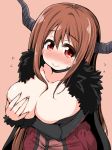 1girl :> big_breasts blush breasts brown_hair cape choker cleavage covering covering_breasts dress flying_sweatdrops fur_trim horns large_breasts long_hair looking_at_viewer maou_(maoyuu) maoyuu_maou_yuusha naitou_kouse red_eyes smile solo