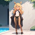 1girl ai_generated anthro antlers bikini breasts buckteeth dancer_outfit day deer deer_girl deltarune female_focus furry furry_female green_eyes halterneck hooves innerboob medium_breasts noelle_holiday outside pixelpawai poolside revealing_clothes see-through_clothing skirt thighlet