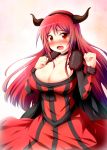 1girl :o blush breasts cleavage fake_horns fang fur_trim huge_breasts long_hair maou_(maoyuu) maoyuu_maou_yuusha open_mouth red_eyes red_hair solo tears tekehiro