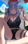  1girl absurd_res animal_ears arm_tattoo bare_shoulders beach big_breasts black_one-piece_swimsuit blue_sky blush breasts casual_one-piece_swimsuit chair cleavage cloud commentary_request day eyewear_on_head gold_ship_(umamusume) high_res horse_ears horse_girl horse_tail long_hair lounge_chair official_alternate_costume one-piece_swimsuit outside parted_lips purple-tinted_eyewear sitting sky sunglasses sweat swimsuit tail tattoo tinted_eyewear umamusume umamusume_pretty_derby y_k_(user_maxh5525) yellow-framed_eyewear 