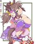  1girl 1girl animal_ears big_breasts bow breasts brown_hair brown_tail chest_sarashi cleavage fang fox_mask from_above green_eyes hair_bow horse_ears horse_girl horse_tail inari_one_(umamusume) japanese_clothes jewelry kimono looking_at_viewer mask mask_on_head necklace obi purple_kimono sarashi sash scrunchie short_hair tail toriga_naku twin_tails umamusume umamusume_pretty_derby wrist_scrunchie yellow_bow 