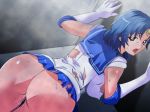  1_girl 1girl against_wall ami_mizuno ass bishoujo_senshi_sailor_moon blue_eyes blue_hair blue_skirt breasts elbow_gloves erect_nipples female female_only high_res huge_breasts looking_back mitsuki_no_nanoka mizuno_ami no_panties open_mouth sailor_mercury sailor_moon serafuku short_hair skirt solo standing sweat tiara torn_clothes wet 