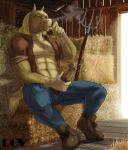 abs biceps blonde_hair blue_eyes cigarette clothing cum cute equine furry hair hey horse horsecock long_hair male muscles open_shirt pecs penis rov shirt smoking solo